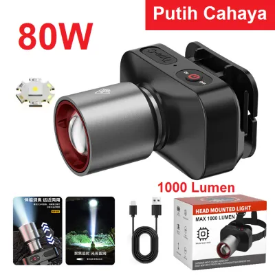 Senter Kepala LED 80Watt 1000 Lumens 3000mAh Jarak Jauh Cahaya Putih Kuning Tahan Lama Recharge Type-C USB Fokus Penyebaran Zoom 1000Lumen