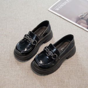 Future seeds Metal buckle heels loafers shoes for kids girl thick rubber black shoes for school girl size 25-36