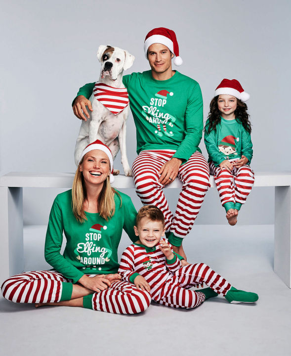 Family Matching Pajamas Sets, Christmas Print Letter Merry Christmas Green  Long Sleeve Pullover Long Pants for Mom Dad Kids Baby