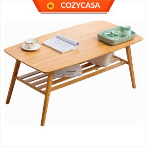 Bamboo Wood Coffee Table with Double-Layer Storage Shelf