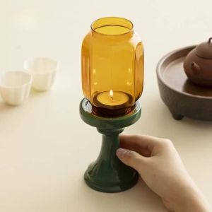 xpkQ New Chinese Candle Holder Reusable Windproof Glass Lampshade Zen Style Candle Stand Creative Handcrafted Vintage Vibe Home Decor M2Y9R