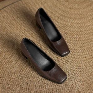 Free Shipping Autumn Retro Minimalist Brown Block-Heel Pumps For Women 2026 New Collection Elegant Soft Leather Square-Toe Shallow Black Flats