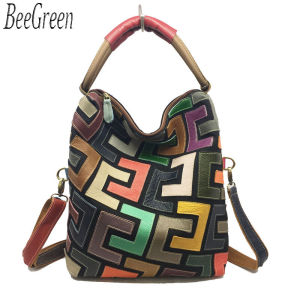 BeeGreen Women High Quality Cowhide Shoulder Bag Colorful Leather Patchwork Handbag Large Capacity Bag