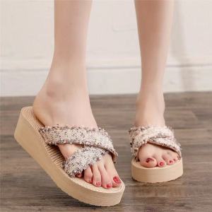 [Free Shipping] Plus-size summer new style faux rope travel espadrille womens flip-flops for outdoor wear high-heeled beach sandals