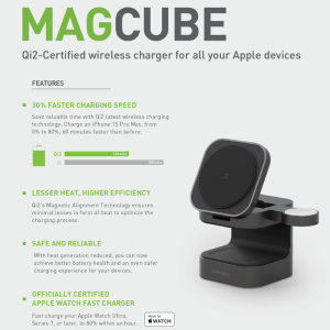 Energea MagCube Qi2 Certified 3 in 1 Magnetic Fast Wireless Charger Dock