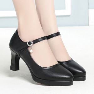 High Heels Comfort Platform Pumps 2025 Spring New Fashion Buckle Solid Black Shoes Woman Soft Leather Waterproof Single Shoes