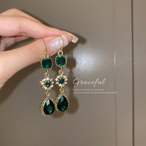 Frascati Vintage Green Color Crystal Dangle Earrings For Women Simple Geometric Zircon Inlaid Flower Hook Earrings Statement Jewelry