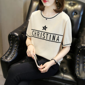 LUCKIN STORE Womens Round Neck Tops Letter Korean Knit Sweater Loose Contrast Color Short Sleeve T-Shirt 2023 Summer New Plus Size Blouse