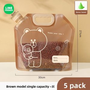 (Bundle of 5)100% Authentic Line Friends Resealable Food Storage Bag Heat Resistant Reusable Sealed Bag Fresh-keeping Bag Food Grade Material Household Thickened Plastic Refrigerator Storage Bag BROWN CONY LFB139