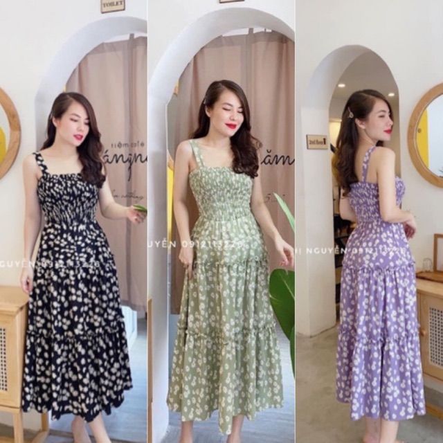 Đầm xanh baby hoa cúc 2 dây nhún, váy đuôi cá rút dây cực xinh đáng yêu |  Shopee Việt Nam