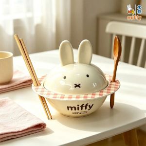 Kawaii Miffy Ceramic Bowl Cute Cartoon Miffy Design Adorable Shape Paired Wooden Tableware Large Capacity Instant Noodles Bowl2026