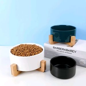 Ceramic Pet Dog and Cat Food and Water Bowl with Wooden Bamboo Stand
