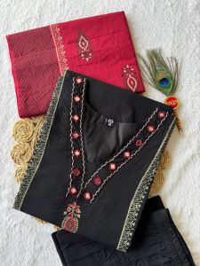 Elegant Black Cotton Salwar Kameez with Embroidery Detail and Maroon Dupatta_399 [pro booking]