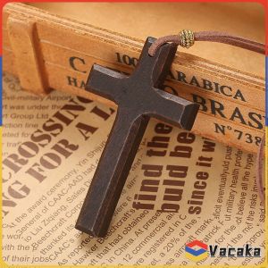Vacaka Wooden Cross Necklace On Leather Cord For Pendant In Black Brown Tone Jewelry