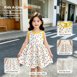 AILEBE Kids Dresses Soft Breathable A-Line Princess Dress With Back Snap Easy On Off Flared Hem Cartoon Print Classic Round Neck Comfy Summer Wear OOTD Pambahay For Baby Girls 0-10 Years
