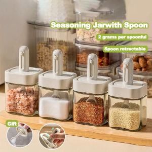 Sealed Glass Seasoning Bottle Leakproof Salt Container Moisture-Proof with Retractable Spoon Spice Jar Kitchen