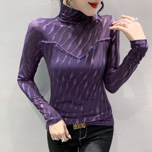 YIMEI เสื้อผู้หญิงสีม่วง2023ใหม่เสื้อยืดลูกปัดแฟชั่นแขนยาวเพรียวบาง