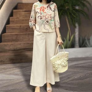 Qiqi Women Vintage Printing Lantern Sleeve Cuffs Elasticized Tops Trousers 2825