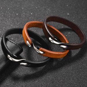 Men Leather Retro Bracelet 20cm Classic Wristband Black Brown Orange Leather Cuff Bracelets with Silver Buckle
