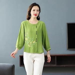 Spring and Autumn Clothes for Mothers Three Quarter Sleeve Shirt Cotton and Linen Chinese Style Vintage Embroidered Top Large Size Loose for Women Aged 40-50