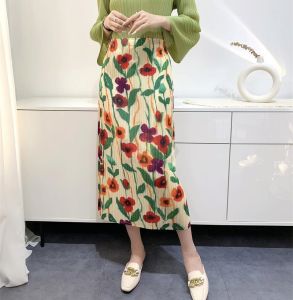 ۩✌♗ Aiden001 Average Size (45-70Kg)  Summer Womens Pleated Skirt Slit Printing A-Type High Waist Slimming Floral Loose High Elasticity Non-Ironing WD24