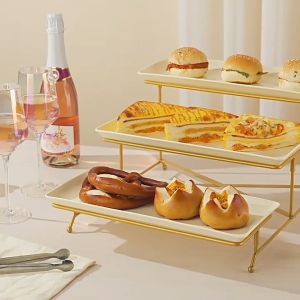3-Tier Serving Stand - White Plates with Black/Gold Frame for Fruit Desserts & Party Displays