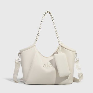 ALO Large Capacity Tote Bag Nylon Shoulder Bag Striped Woven Handle With Small Pouch Detachable Crossbody Strap