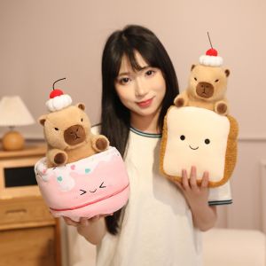 JOJO CASTLE Kawaii Capybara Cake Cup Plush Toys Lovely Capibara with Bread Croissant Cake Stuffed Soft Animal Toy Creative Gifts