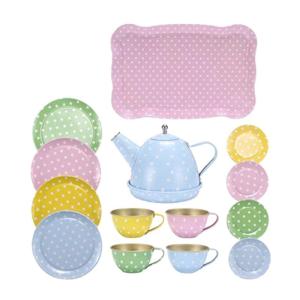 14pcs Tea Party Set for Girls Pretend Kitchen Toy Tea Set Metal Kitchenware Accessory Cups Dishes Tray for Toddlers