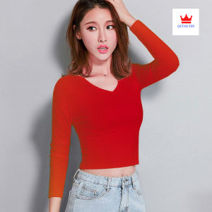 [ Hot Sale ] Áo Thun Croptop Cổ Tim Dài Tay Dáng Ôm Body Vải Co Giãn Màu Trơn Basic Trẻ Trung