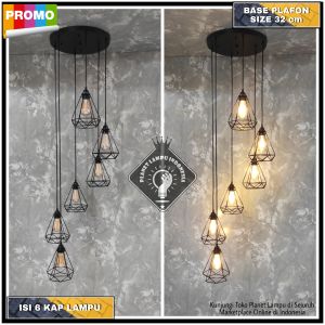 LAMPU GANTUNG VOID TANGGA MINIMALIS DIAMOND 6 IN 1 RETRO CAFE VINTAGE DEKORASI RUANG TAMU N PHIASALAFON KLASIK CABANG 6 KAP LAMPU DIAMOND HITAM GOLD