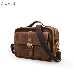 CONTACTS Crazy Horse Leather Men Shoulder Bags Casual Small Handbag Crossbody Bag Portable bag Male Messenger Bag