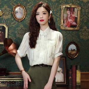 Ammin เสื้อเชิ้ตผ้าชีฟองพิมพ์ลายหมึกเก๋ๆสไตล์จีนสำหรับผู้หญิงมาใหม่ฤดูร้อน2024เสื้อหรูหราเสื้อแขนสั้นมีปก