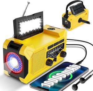 10000mAh Emergency Crank Weather RadioAM/FM Hand Crank Solar Powered RadioEmergency Phone Charger3 Modes FlashlightSOS AlarmEarphone JackCompass for Emergency Outdoor