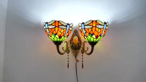 Wall Light Handmade Stained Glass Wall Lamp LED Wrought Iron Light for Bedroom Bedside Bathroom Mirror Cafe Shop Wall Decorative Light