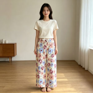 Milk silk wide-leg pants with ribbons elastic suitability M L XL XXL XXXL
