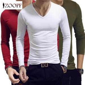 Men Autumn T-shirts Long Sleeves V Neck Pullover Slim Fit Casual Minimalist Male Tops