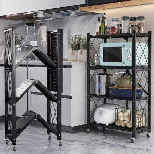 WOOKEE ชั้นเหล็ก ชั้นวางของพับได้ 3-5 ชั้น สีดํา สีขาว ชั้นวางของในครัว ชั้นวางของมีลูกล้อ พร้อมตัวล็อคล้อ เข็นได้ เคลื่อนย้ายสะดวก