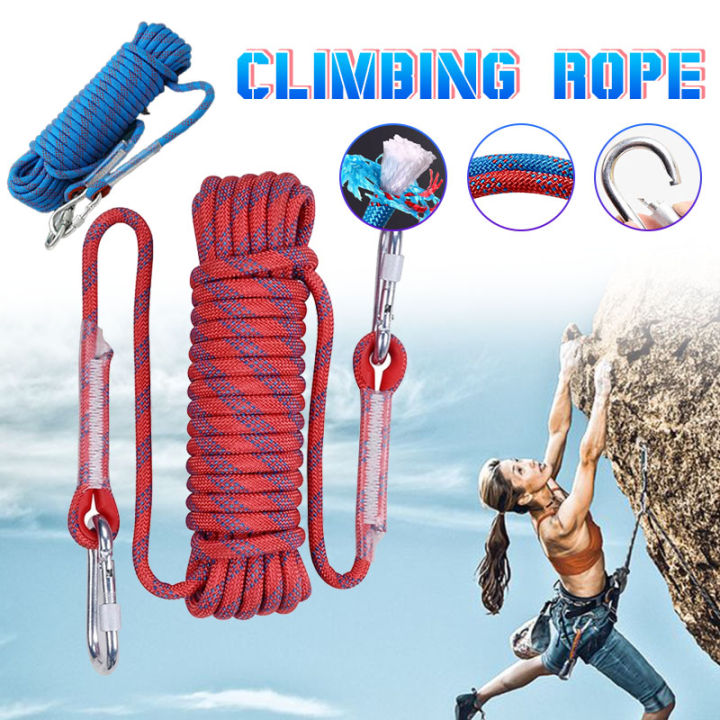10mm Diameter Safety Rope 10/20/30M Nylon Escape Safety Rappelling Rope  with 2 Steel Carabiners for Rock Climbing Mountaineer Rescue Aerial Work  (Random Colors-Black /Blue /Red )