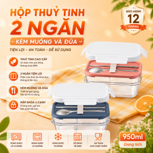 Hộp Cơm Văn Phòng LocknLock Thủy Tinh Cao Cấp Chia 2 Ngăn Kèm Đũa Thìa 930ml LLG991CL Hàng Chính Hãng