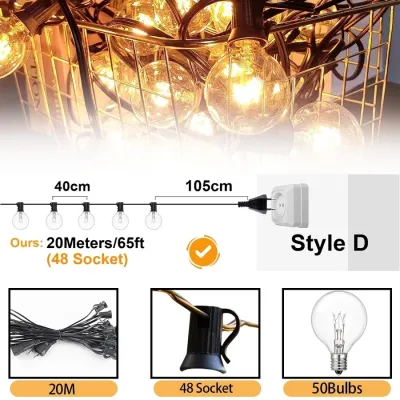 String Lights G40 Bulb Patio Outdoor Fairy Solar Lights Party Garden Wedding Christmas Decoration Lights Glass Bulb