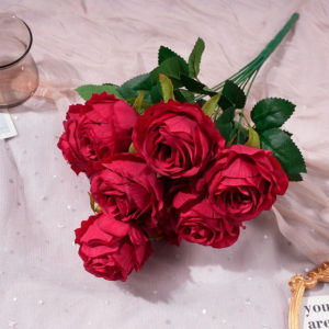Quivlox Artificial Rose Bouquet Faux Flower Arrangement Red 9 Heads Stemmed Decorative Centerpiece Home Wedding Table Display