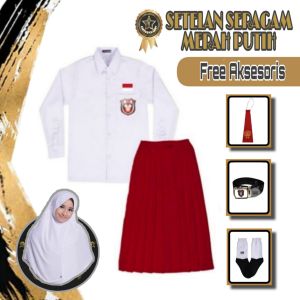 Seragam Merah Putih SD Setelan Anak Perempuan Panjang Kelas 1-6 SD Free Jilbab Putih Anak Perempuan