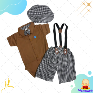 Baju Pesta Bayi Laki Laki Setelan Jumper Tuxedo Bayi Suspeder Set Dasi Topi Oscar