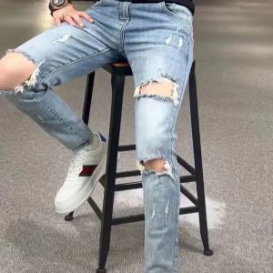 HOPEU Ripped Skinny Jeans for Men Stretch Hole Biker Jean Punk Style Jeans Men Casual Hip Hop Pants Denim Trousers