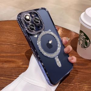 CrashStar Magsafe Plating Glitter Diamond Edge Gorgeous Fashion Soft Shockproof Phone Case For iPhone 16 15 14 Pro Max Plus 13 12 11 Pro Max Wireless Charging Phone Casing Transparent Bling Luxury Phone Cover Shell With Glitter Lens Film Protection