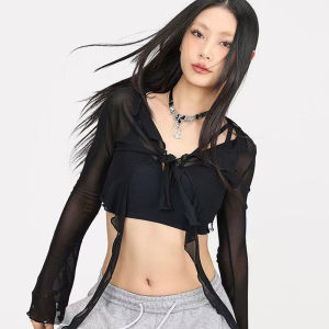 Street dance trend jazz jazz slim fit dance top for women hip hop sports waist with trendy mesh sequin cardigan