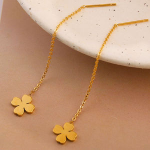 OYJR ต่างหูโซ่ใบโคลเวอร์ ต่างหูสแตนเลสไม่ลอกแฟชั่นชุบทอง 18k สำหรับผู้หญิง