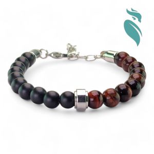 Red Tiger Eye & Frost Black Stone Bracelet with Stainless Steel Finish