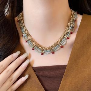 MARBLEX Red and Blue Contrasting Chinese Style Necklace Beaded Design Lace Bead Necklace Stylish Spring Summer Lace Necklace For Women Gift